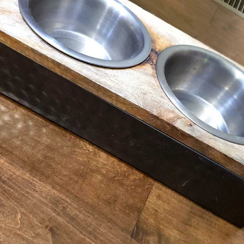 Raised dog bowls metal & wood
